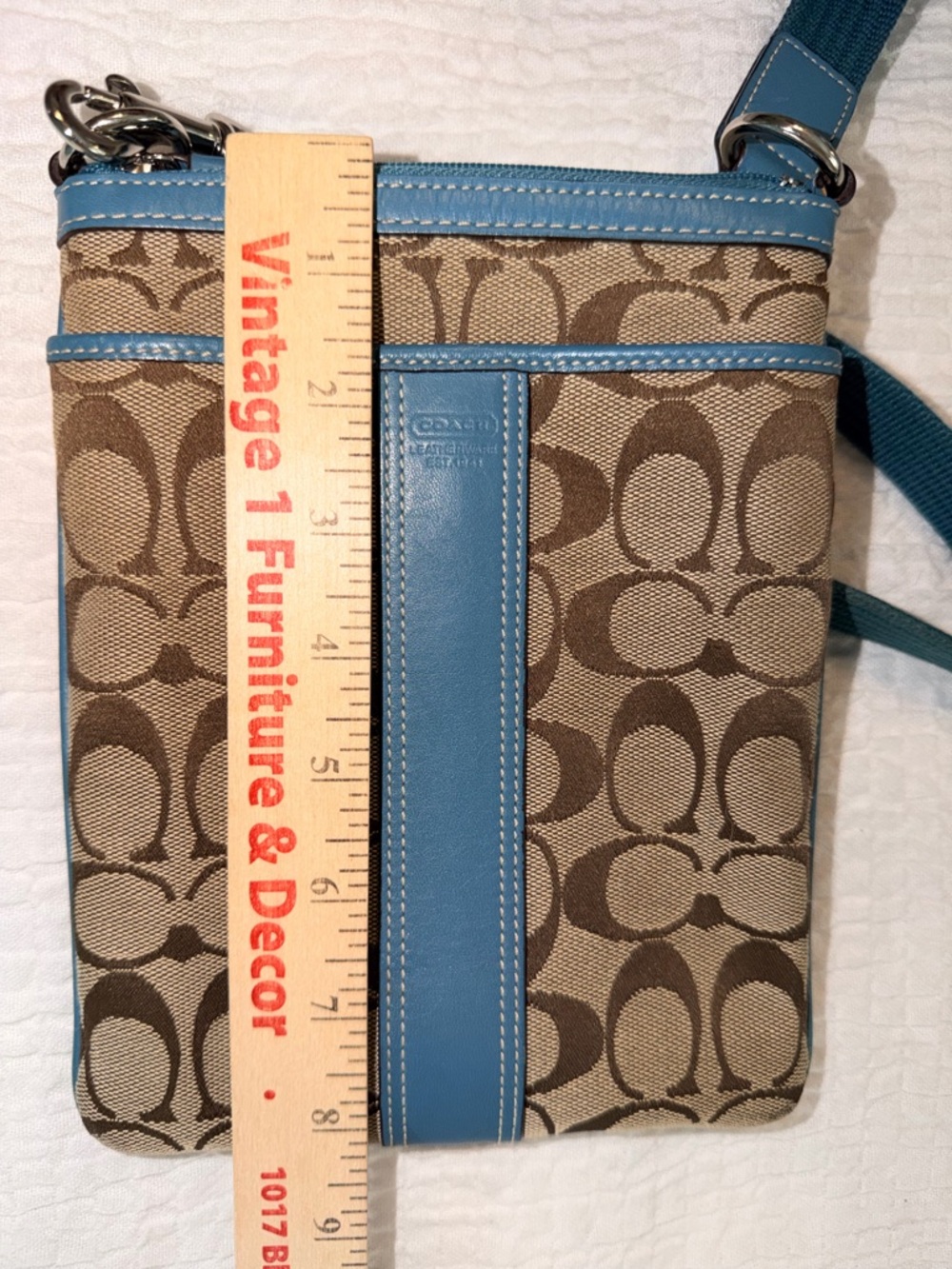 Coach Tan Signature Crossbody with Blue Leather Accents - Picture 6 of 8